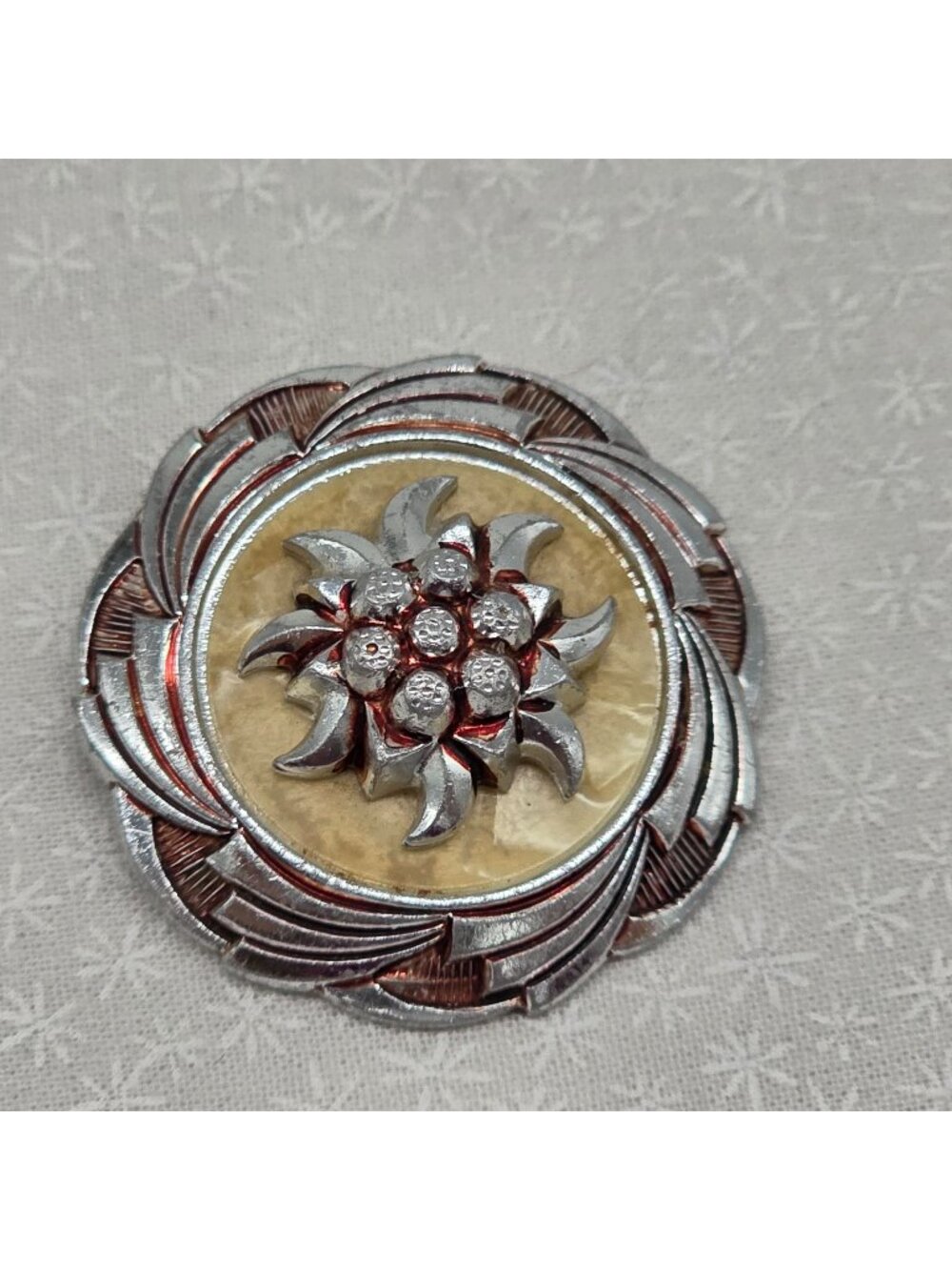 Vintage Floral Scarf Clip Silver Tone Red Painted Faux Mother of Pearl 1.5"